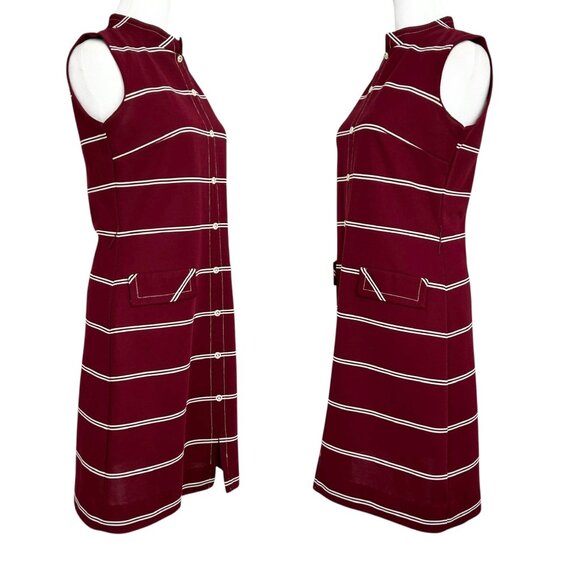 Verona Knits Vintage Sleeveless Burgundy & White Striped Mod Dress (S) - Picture 2 of 16